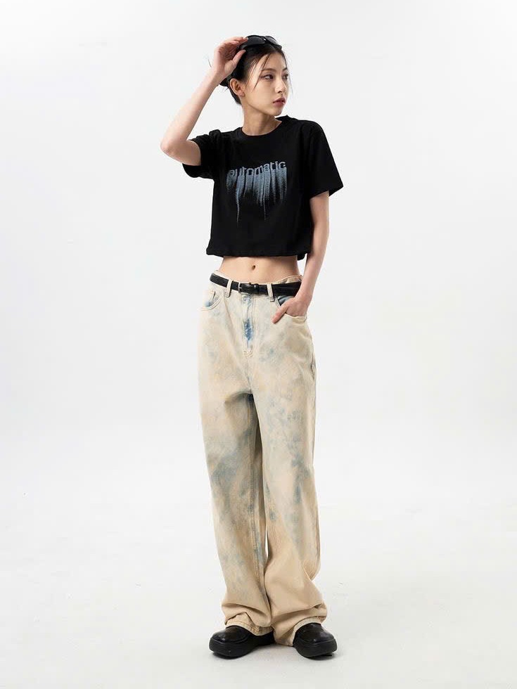 Quần Jean Nữ Ống Rộng Loang Màu Lưng Cao - Vintage Wash