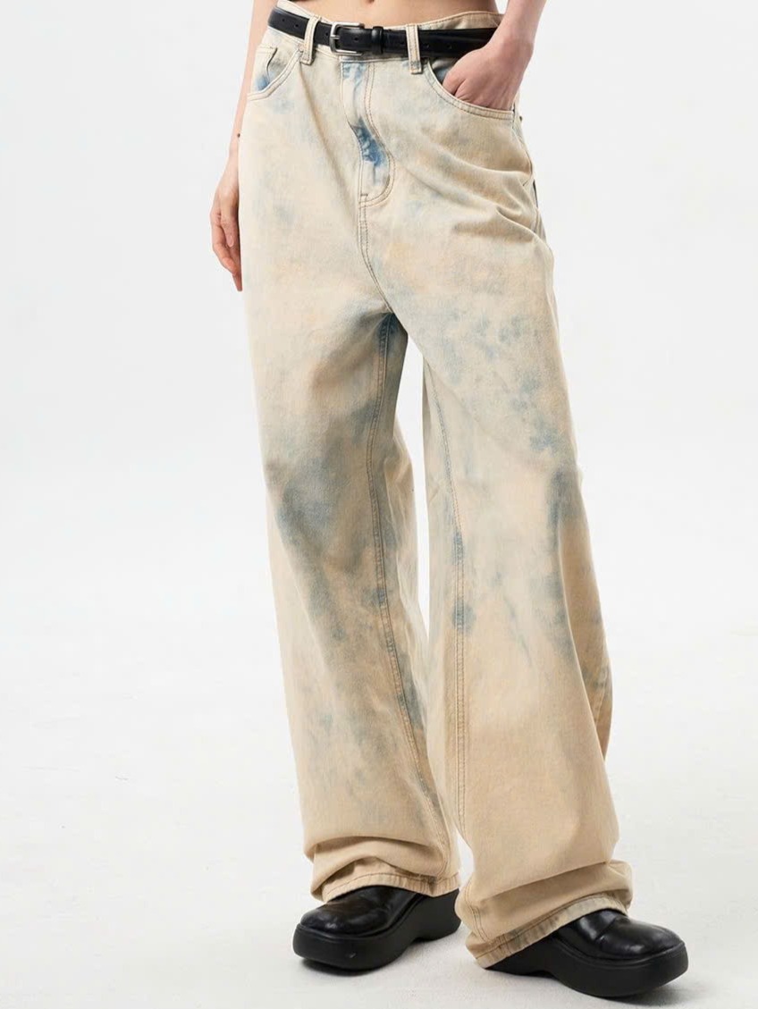 Quần Jean Nữ Ống Rộng Loang Màu Lưng Cao - Vintage Wash