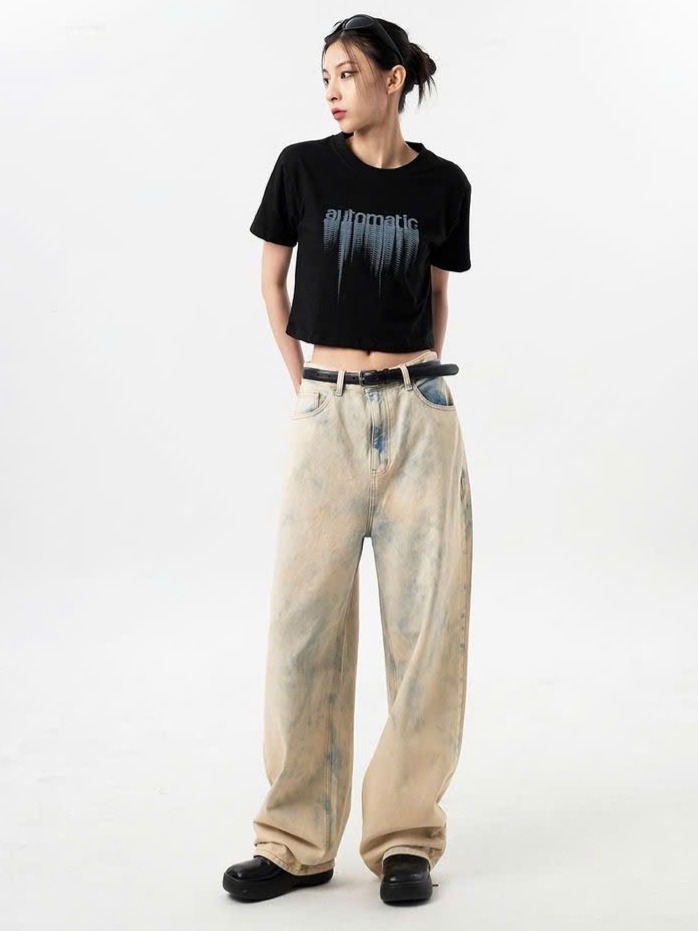 Quần Jean Nữ Ống Rộng Loang Màu Lưng Cao - Vintage Wash