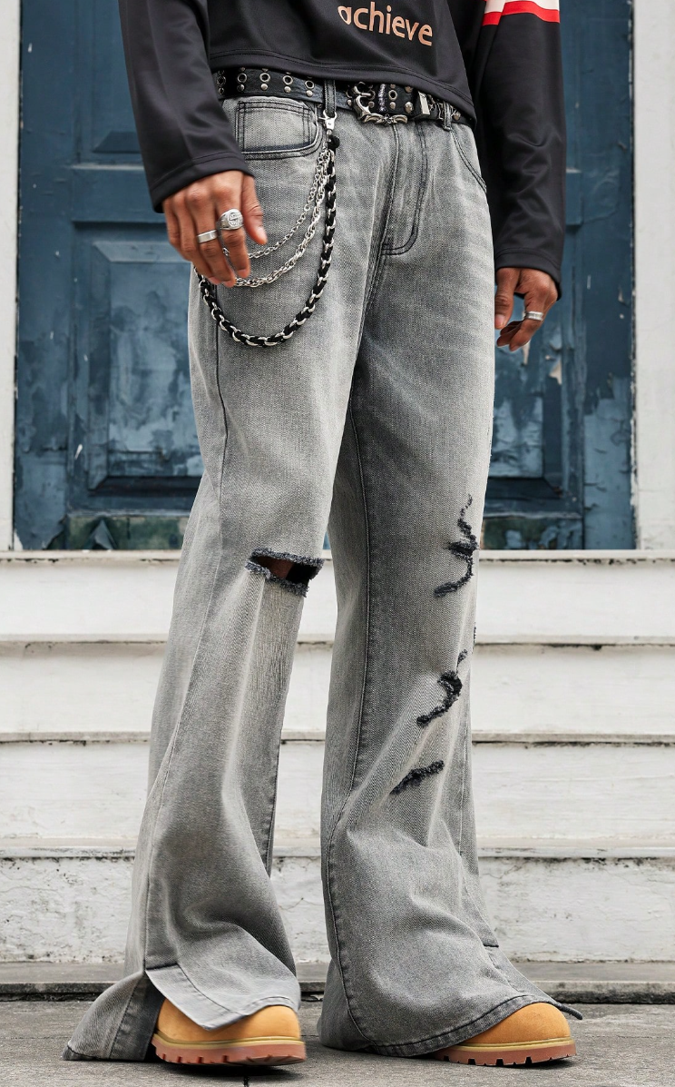 Quần Jeans Ống Rộng Rách Gối Xám Wash