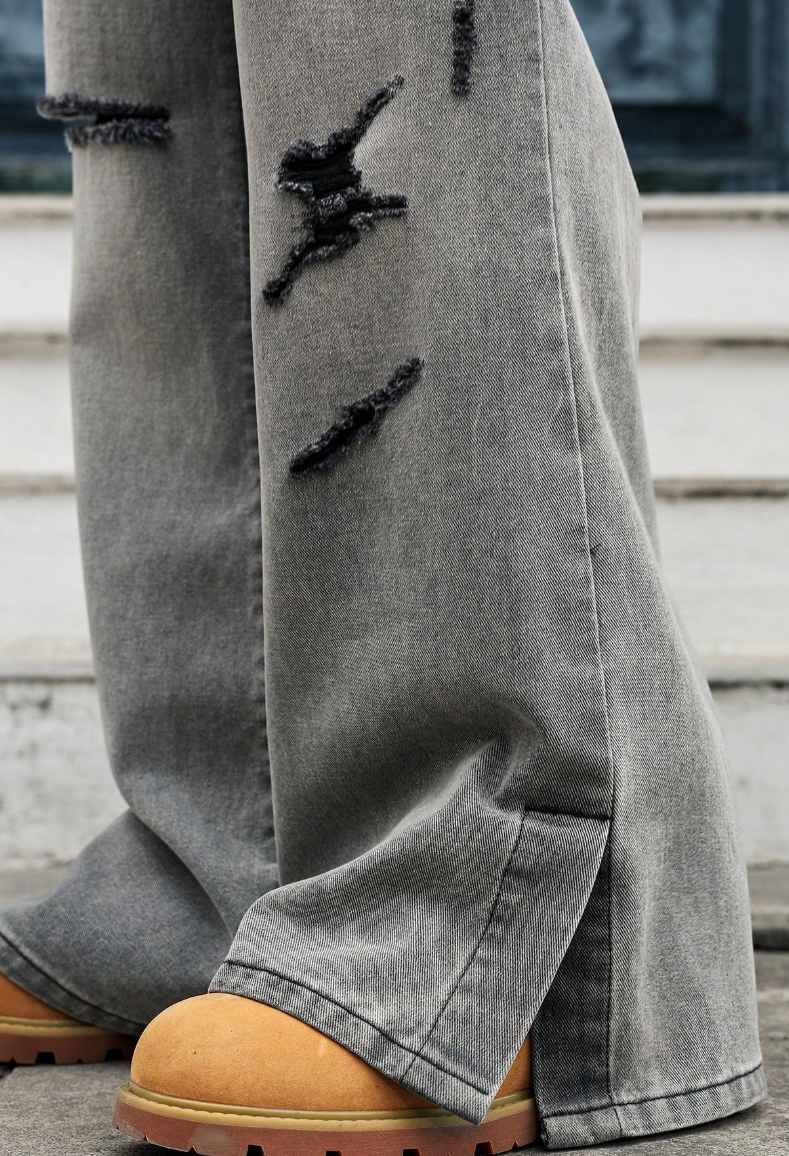 Quần Jeans Ống Rộng Rách Gối Xám Wash